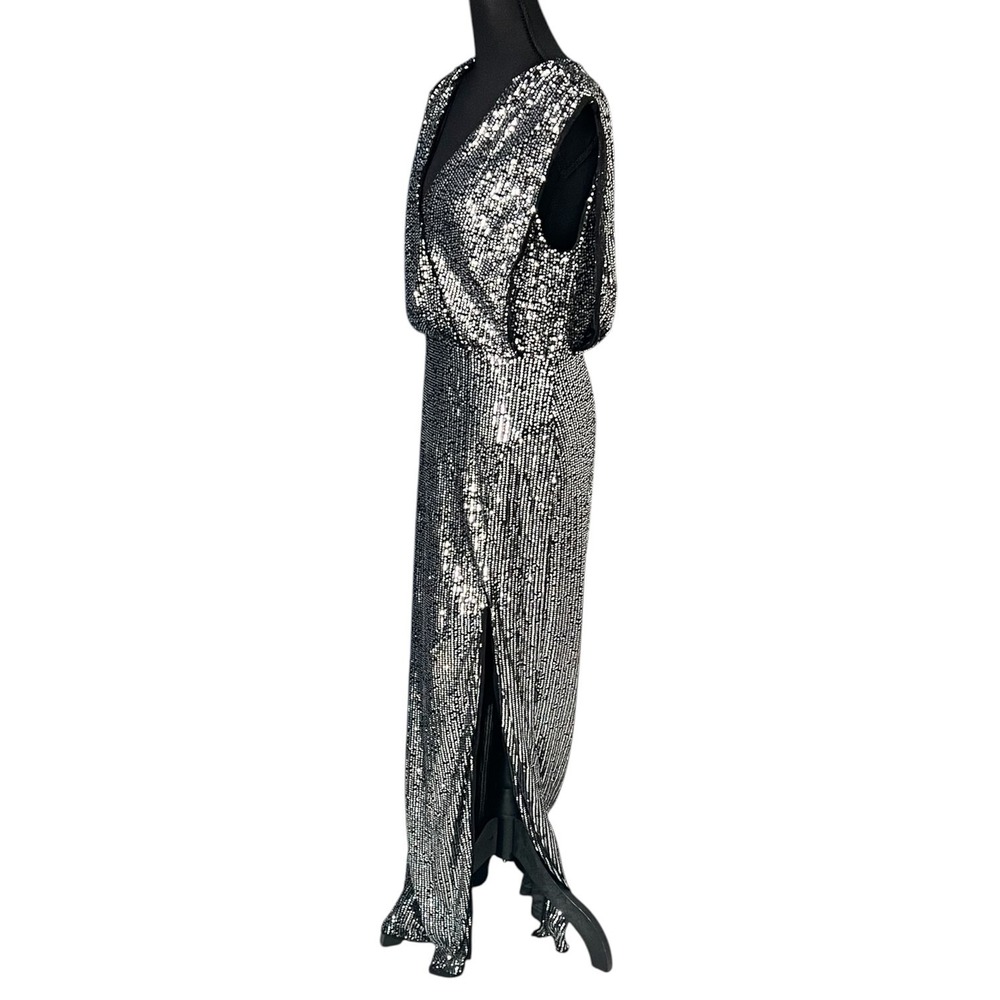 Black Silver Sequin Maxi Dress M Deep V Slit Glam Evening Gown - Picture 2 of 16